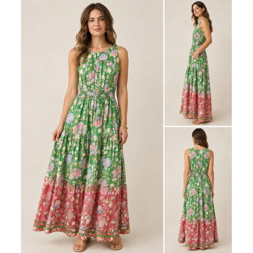 Emily Lovelock Jennifer Green Floral 100% Organic Cotton Maxi Dress S
